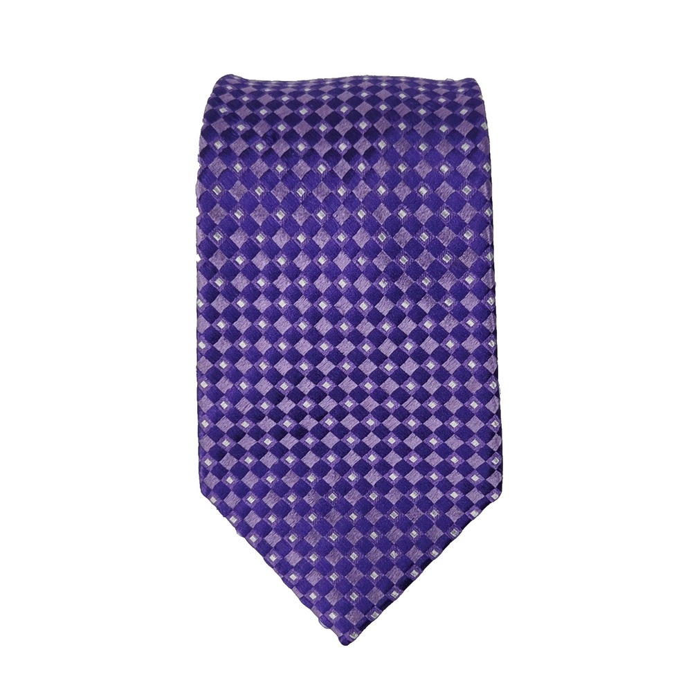 SEAN JOHN 100% Silk Necktie Classic Purple Geometric Checkerboard Diamond Grid